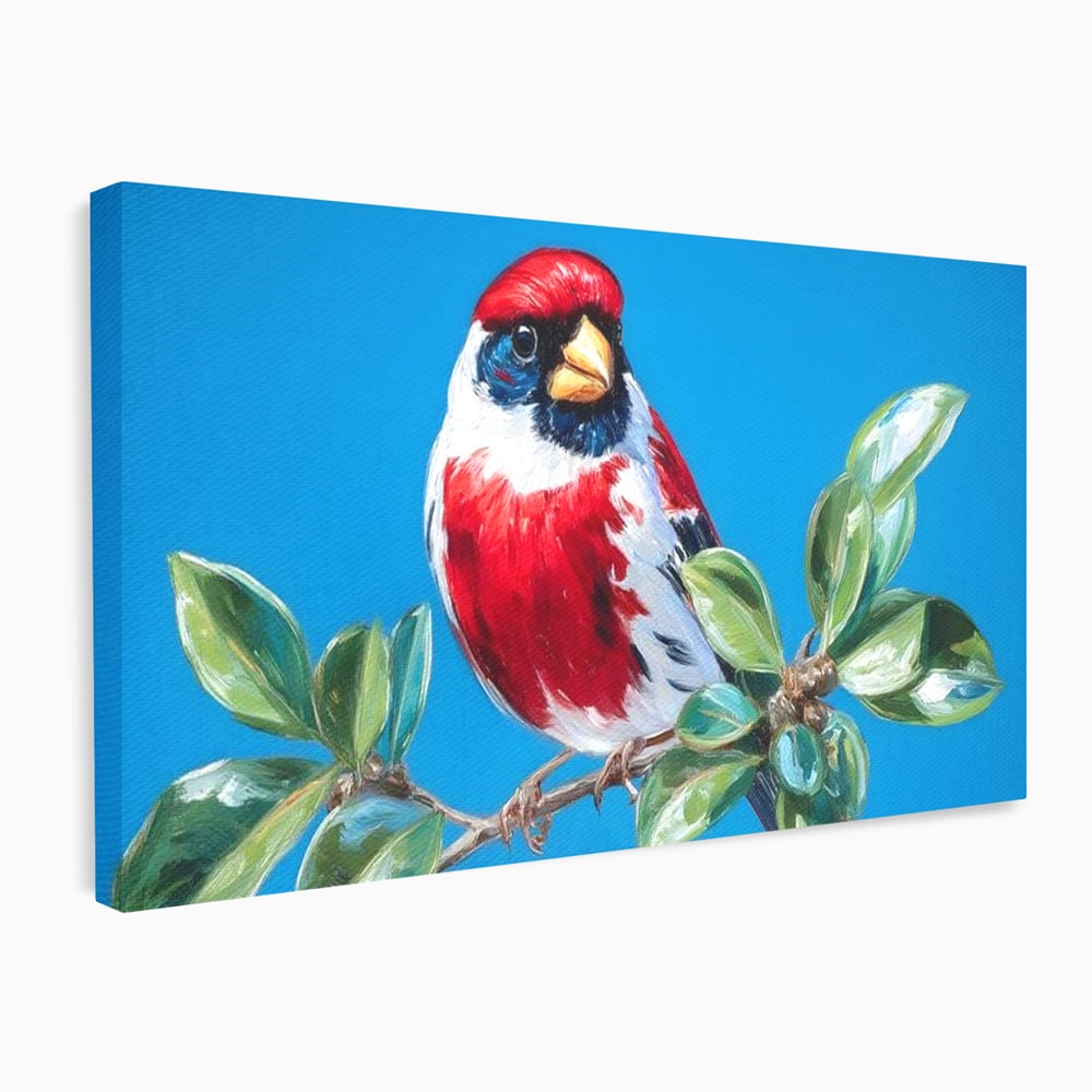 Tablou Canvas Premium, LuxCanva® M1118, Solistul de Rubin, Cardinal, Rosu, Ramura, Muguri, Frunze, Pasare, Natura, Contrast, Pictura, Cer, Birou, Living, Camera Copil