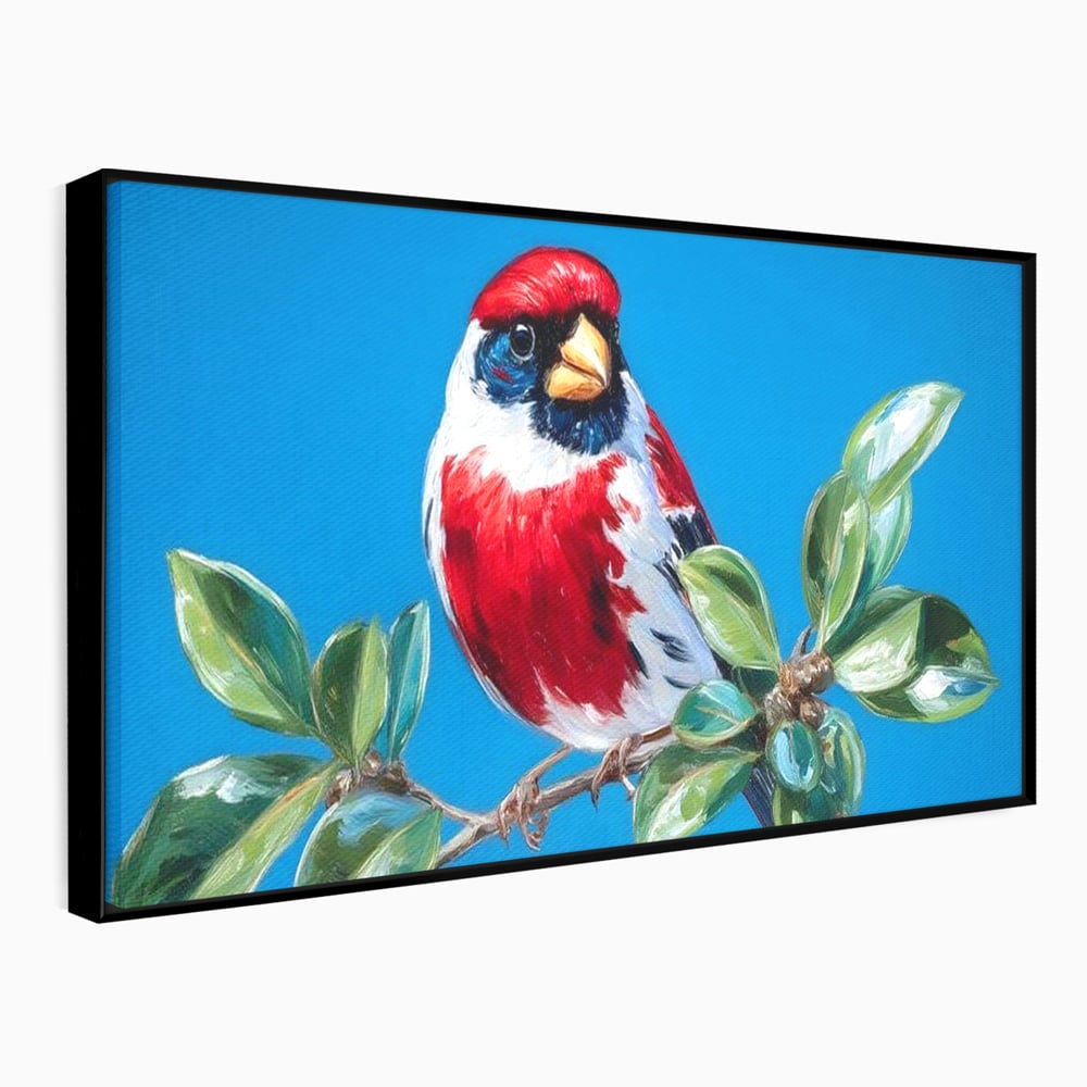Tablou Canvas Premium, LuxCanva® M1118, Solistul de Rubin, Cardinal, Rosu, Ramura, Muguri, Frunze, Pasare, Natura, Contrast, Pictura, Cer, Birou, Living, Camera Copil