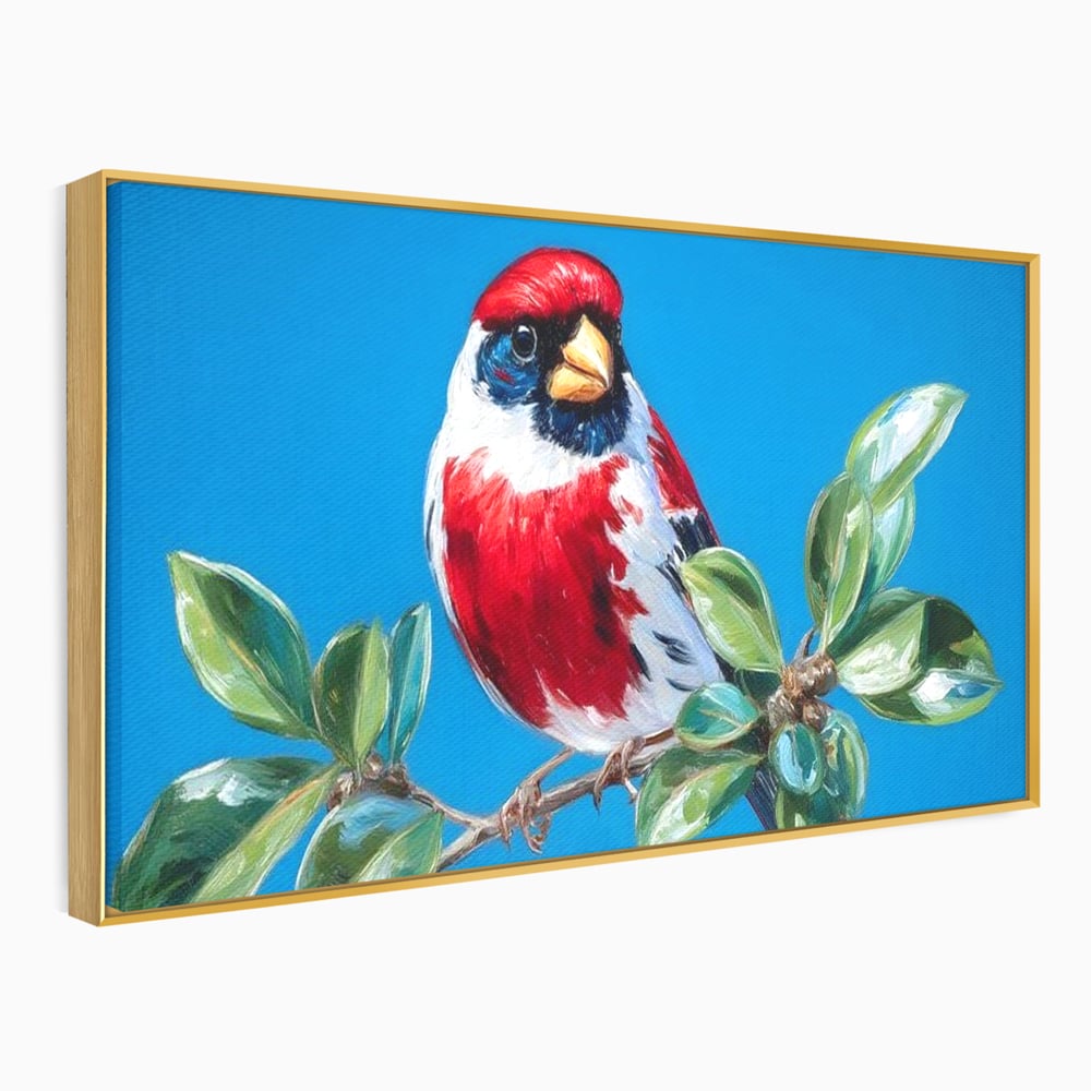 Tablou Canvas Premium, LuxCanva® M1118, Solistul de Rubin, Cardinal, Rosu, Ramura, Muguri, Frunze, Pasare, Natura, Contrast, Pictura, Cer, Birou, Living, Camera Copil