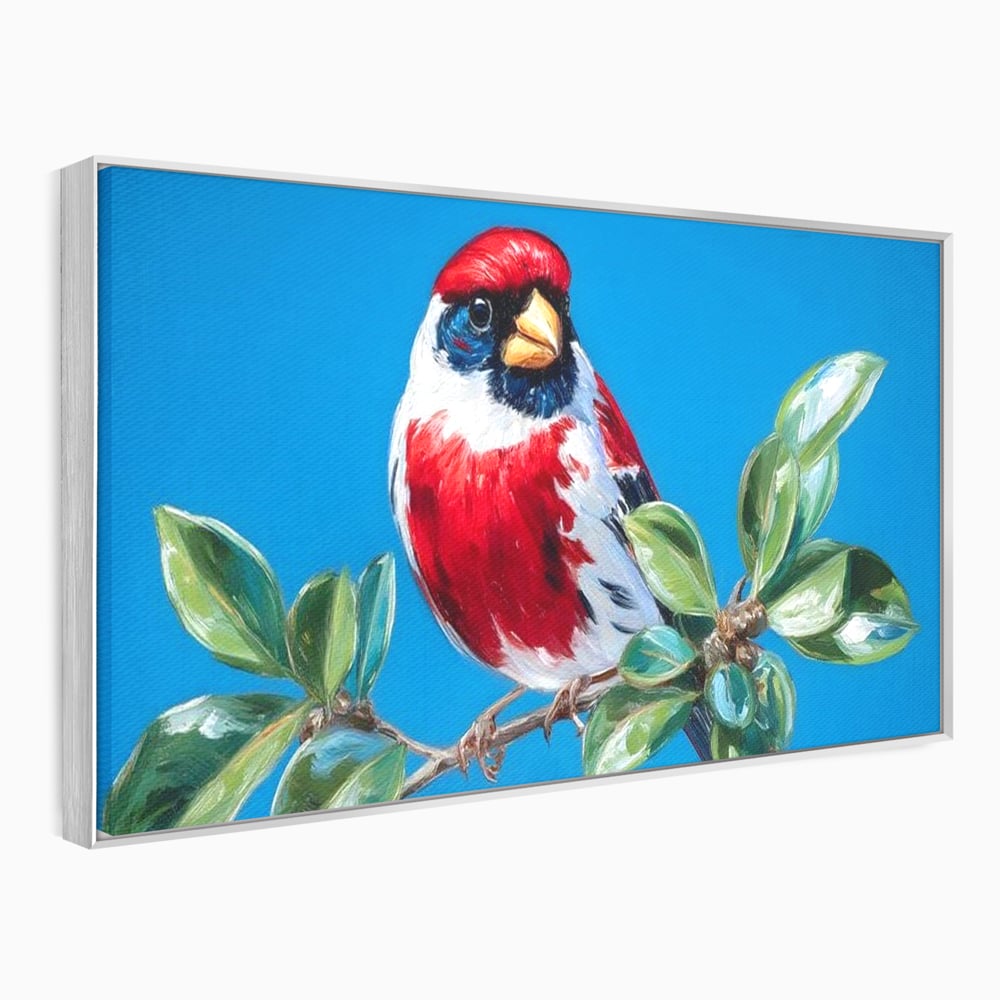 Tablou Canvas Premium, LuxCanva® M1118, Solistul de Rubin, Cardinal, Rosu, Ramura, Muguri, Frunze, Pasare, Natura, Contrast, Pictura, Cer, Birou, Living, Camera Copil