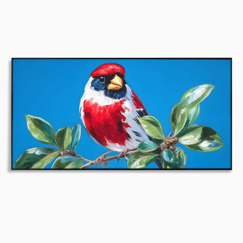 Tablou Canvas Premium, LuxCanva® M1118, Solistul de Rubin, Cardinal, Rosu, Ramura, Muguri, Frunze, Pasare, Natura, Contrast, Pictura, Cer, Birou, Living, Camera Copil