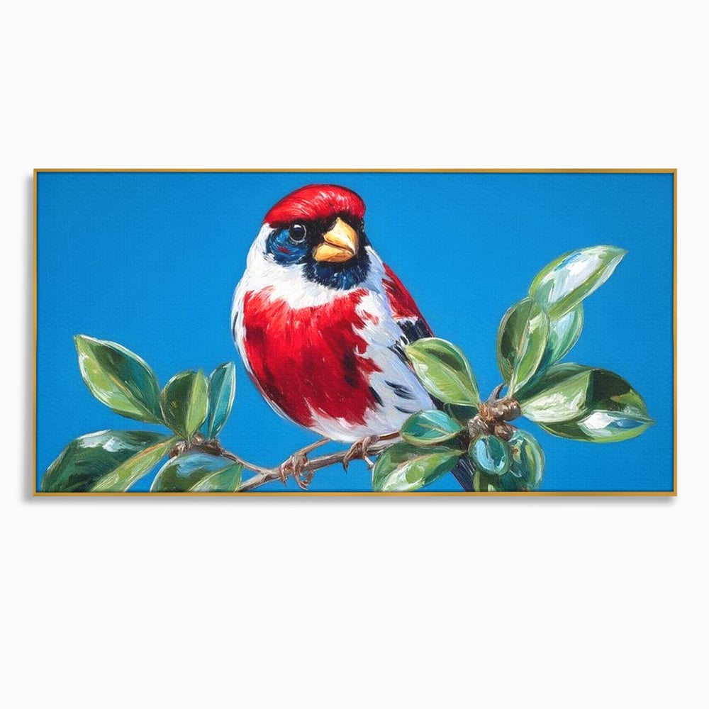 Tablou Canvas Premium, LuxCanva® M1118, Solistul de Rubin, Cardinal, Rosu, Ramura, Muguri, Frunze, Pasare, Natura, Contrast, Pictura, Cer, Birou, Living, Camera Copil