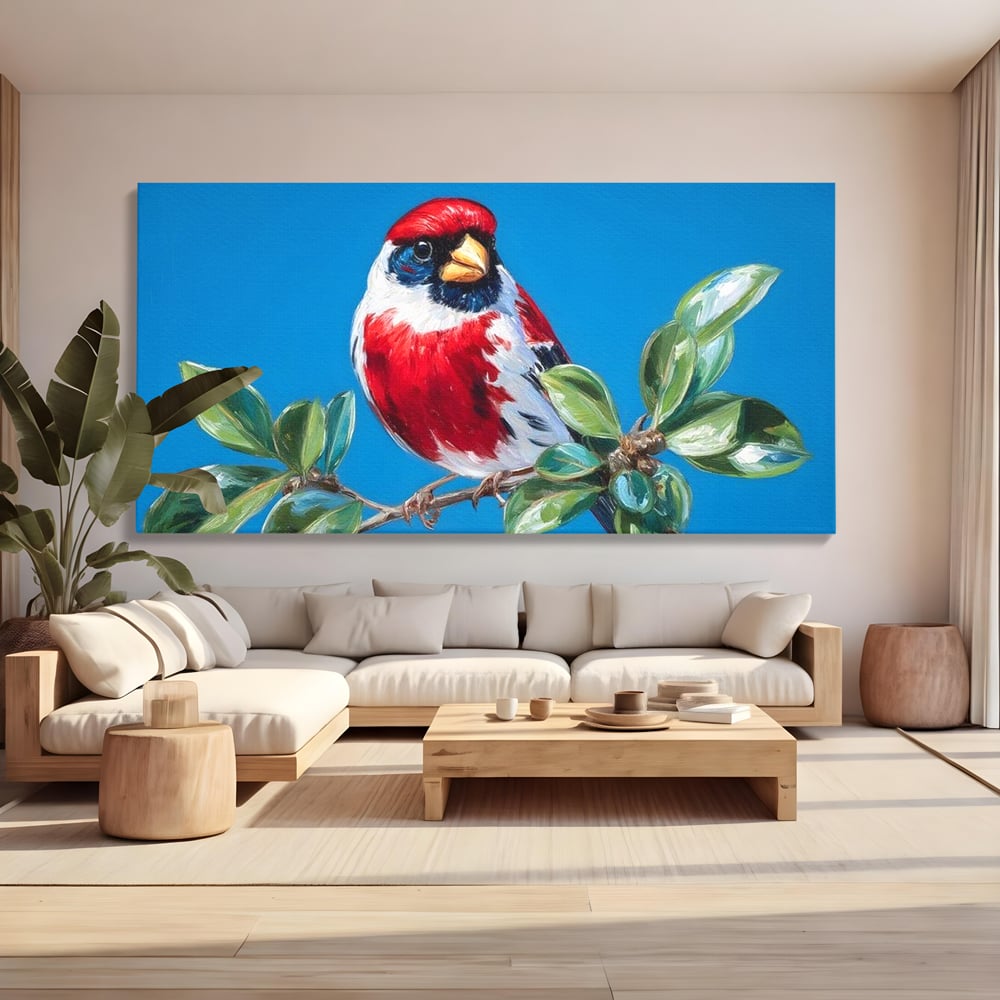 Tablou Canvas Premium, LuxCanva® M1118, Solistul de Rubin, Cardinal, Rosu, Ramura, Muguri, Frunze, Pasare, Natura, Contrast, Pictura, Cer, Birou, Living, Camera Copil