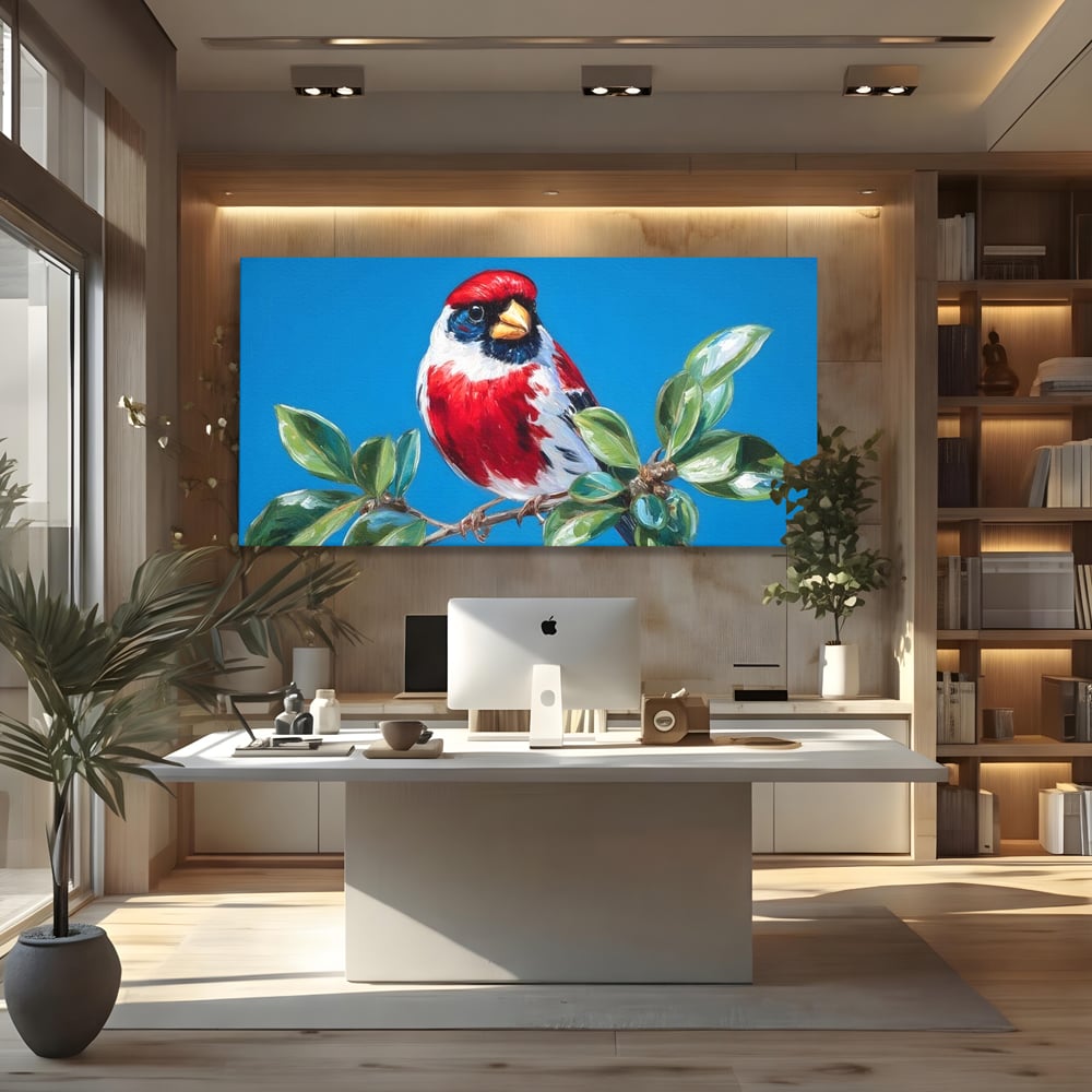 Tablou Canvas Premium, LuxCanva® M1118, Solistul de Rubin, Cardinal, Rosu, Ramura, Muguri, Frunze, Pasare, Natura, Contrast, Pictura, Cer, Birou, Living, Camera Copil