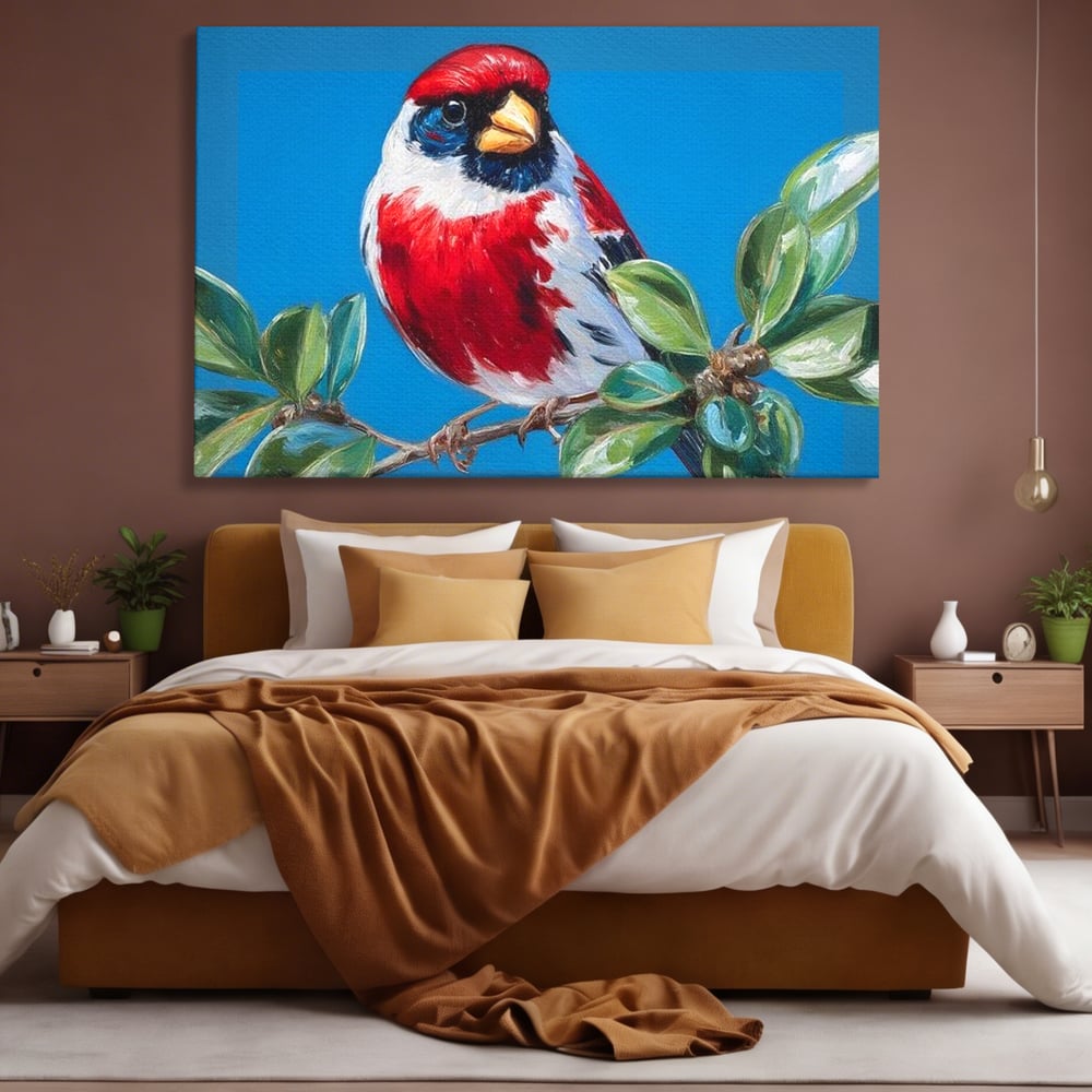 Tablou Canvas Premium, LuxCanva® M1118, Solistul de Rubin, Cardinal, Rosu, Ramura, Muguri, Frunze, Pasare, Natura, Contrast, Pictura, Cer, Birou, Living, Camera Copil