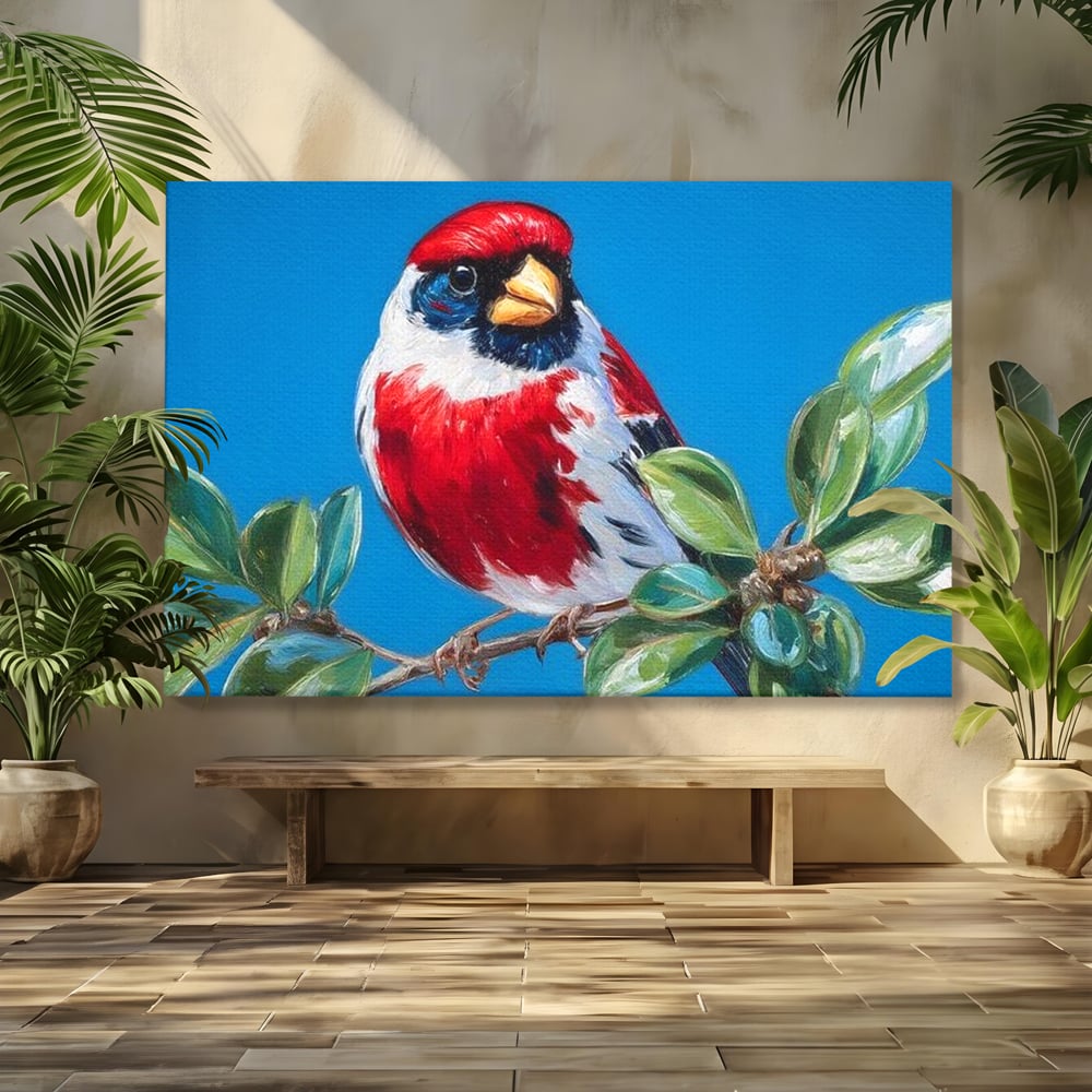 Tablou Canvas Premium, LuxCanva® M1118, Solistul de Rubin, Cardinal, Rosu, Ramura, Muguri, Frunze, Pasare, Natura, Contrast, Pictura, Cer, Birou, Living, Camera Copil