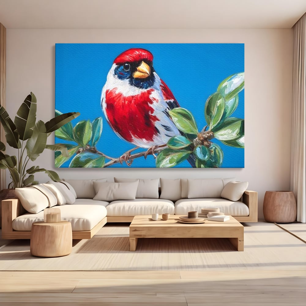 Tablou Canvas Premium, LuxCanva® M1118, Solistul de Rubin, Cardinal, Rosu, Ramura, Muguri, Frunze, Pasare, Natura, Contrast, Pictura, Cer, Birou, Living, Camera Copil