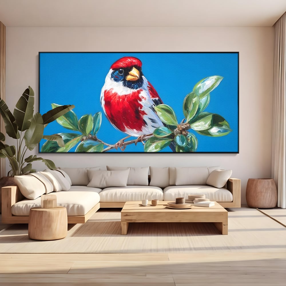 Tablou Canvas Premium, LuxCanva® M1118, Solistul de Rubin, Cardinal, Rosu, Ramura, Muguri, Frunze, Pasare, Natura, Contrast, Pictura, Cer, Birou, Living, Camera Copil