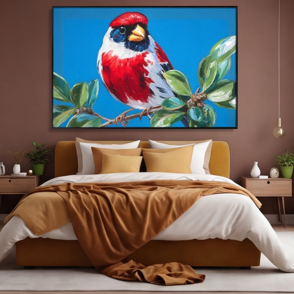 Tablou Canvas Premium, LuxCanva® M1118, Solistul de Rubin, Cardinal, Rosu, Ramura, Muguri, Frunze, Pasare, Natura, Contrast, Pictura, Cer, Birou, Living, Camera Copil