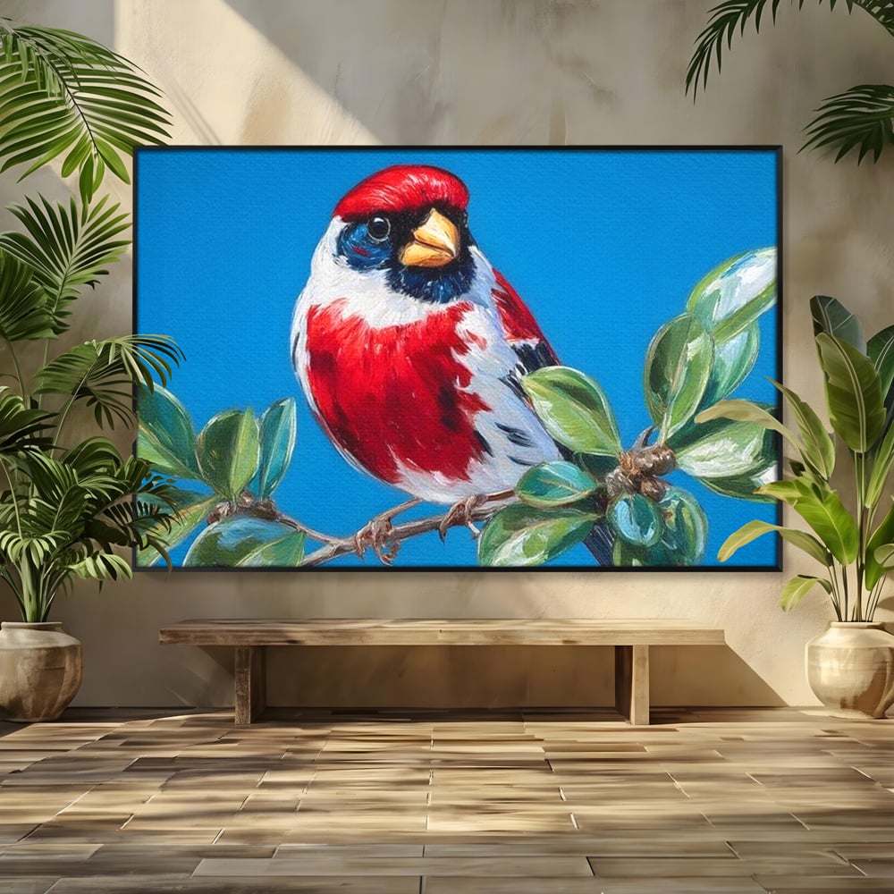 Tablou Canvas Premium, LuxCanva® M1118, Solistul de Rubin, Cardinal, Rosu, Ramura, Muguri, Frunze, Pasare, Natura, Contrast, Pictura, Cer, Birou, Living, Camera Copil