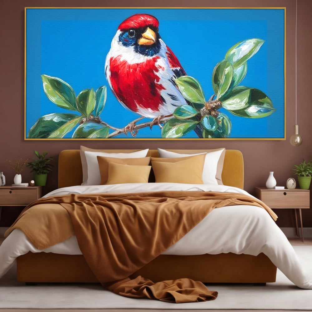 Tablou Canvas Premium, LuxCanva® M1118, Solistul de Rubin, Cardinal, Rosu, Ramura, Muguri, Frunze, Pasare, Natura, Contrast, Pictura, Cer, Birou, Living, Camera Copil
