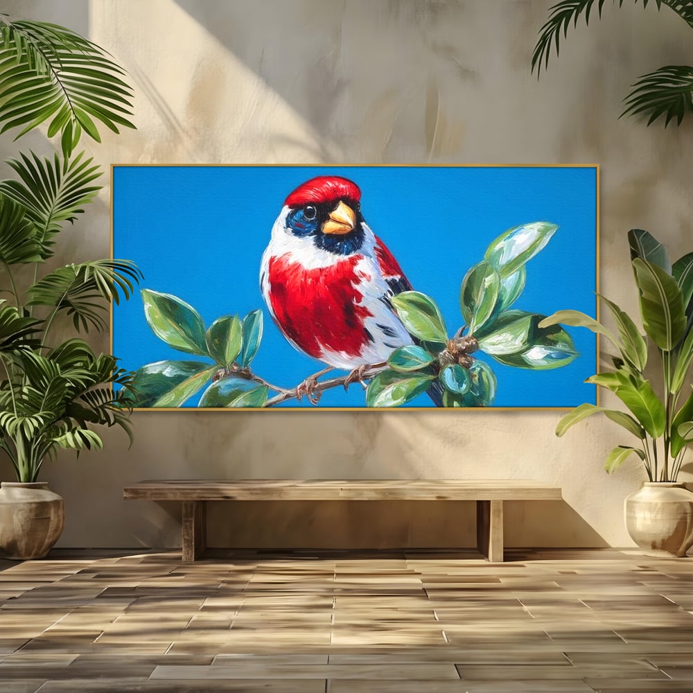 Tablou Canvas Premium, LuxCanva® M1118, Solistul de Rubin, Cardinal, Rosu, Ramura, Muguri, Frunze, Pasare, Natura, Contrast, Pictura, Cer, Birou, Living, Camera Copil
