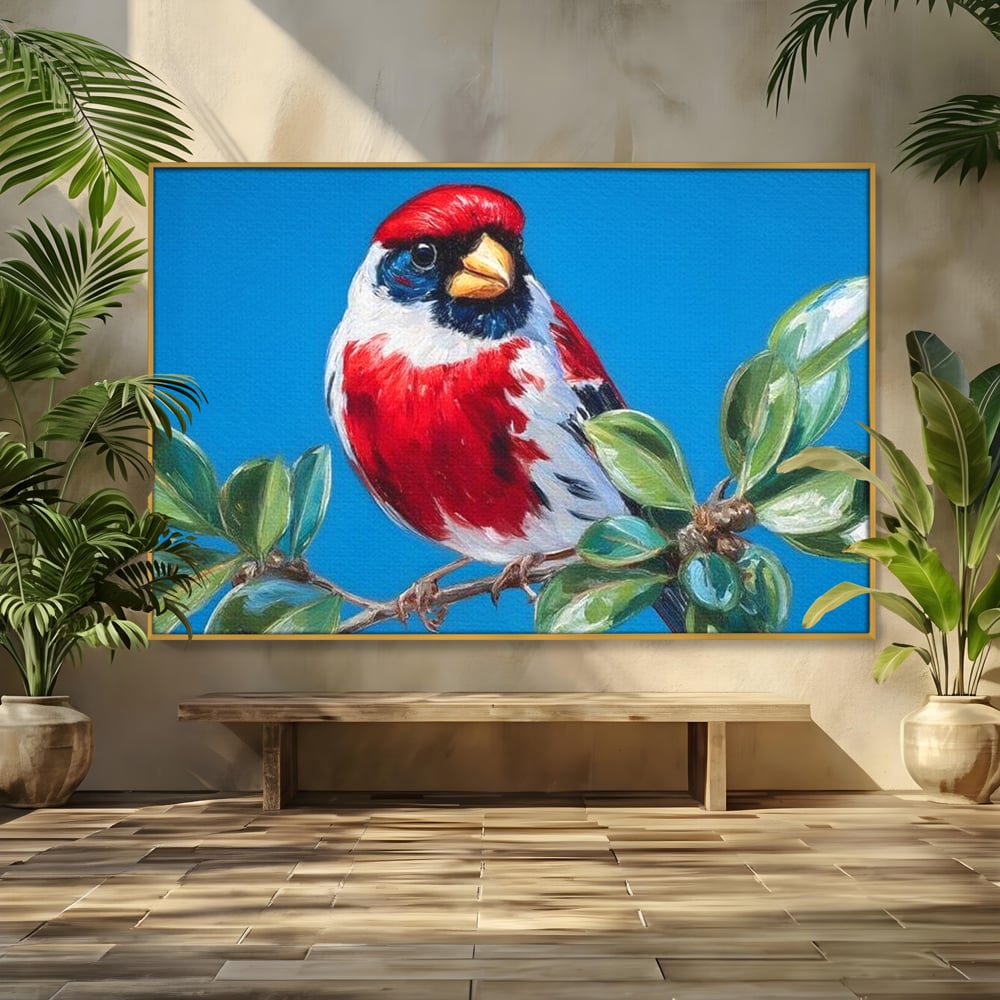 Tablou Canvas Premium, LuxCanva® M1118, Solistul de Rubin, Cardinal, Rosu, Ramura, Muguri, Frunze, Pasare, Natura, Contrast, Pictura, Cer, Birou, Living, Camera Copil