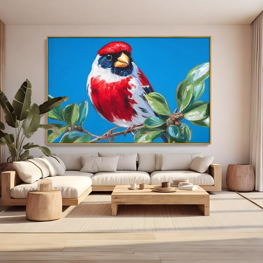 Tablou Canvas Premium, LuxCanva® M1118, Solistul de Rubin, Cardinal, Rosu, Ramura, Muguri, Frunze, Pasare, Natura, Contrast, Pictura, Cer, Birou, Living, Camera Copil