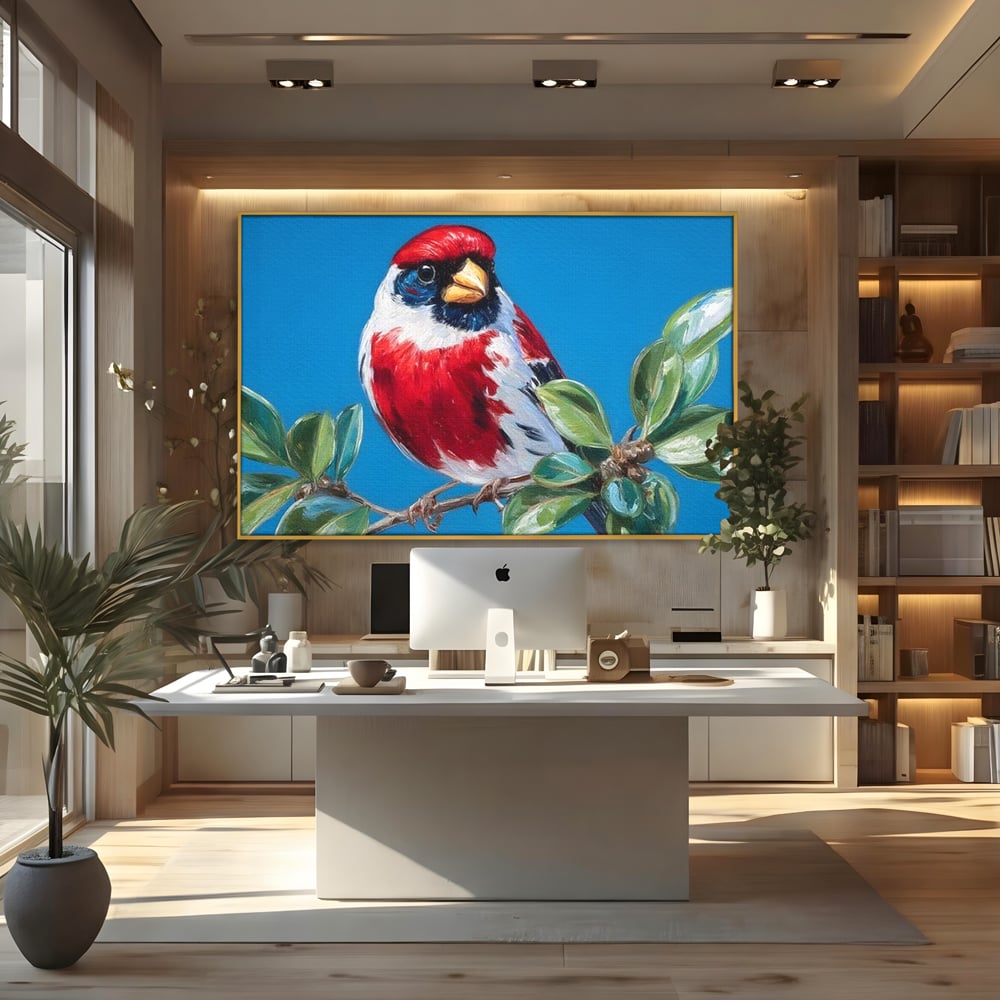 Tablou Canvas Premium, LuxCanva® M1118, Solistul de Rubin, Cardinal, Rosu, Ramura, Muguri, Frunze, Pasare, Natura, Contrast, Pictura, Cer, Birou, Living, Camera Copil