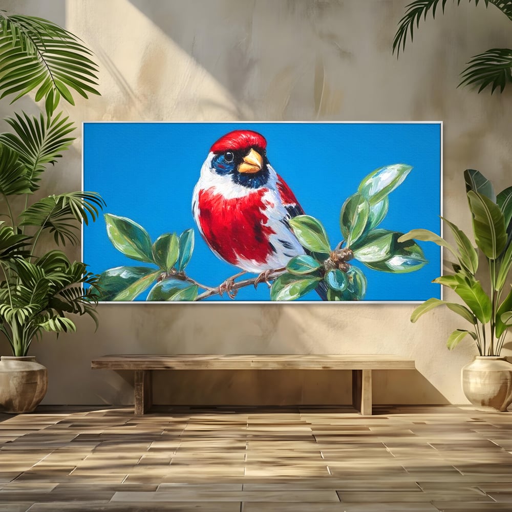 Tablou Canvas Premium, LuxCanva® M1118, Solistul de Rubin, Cardinal, Rosu, Ramura, Muguri, Frunze, Pasare, Natura, Contrast, Pictura, Cer, Birou, Living, Camera Copil