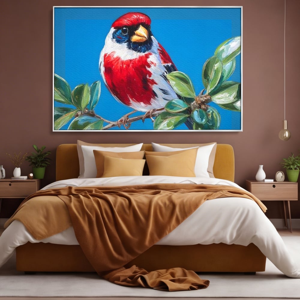 Tablou Canvas Premium, LuxCanva® M1118, Solistul de Rubin, Cardinal, Rosu, Ramura, Muguri, Frunze, Pasare, Natura, Contrast, Pictura, Cer, Birou, Living, Camera Copil
