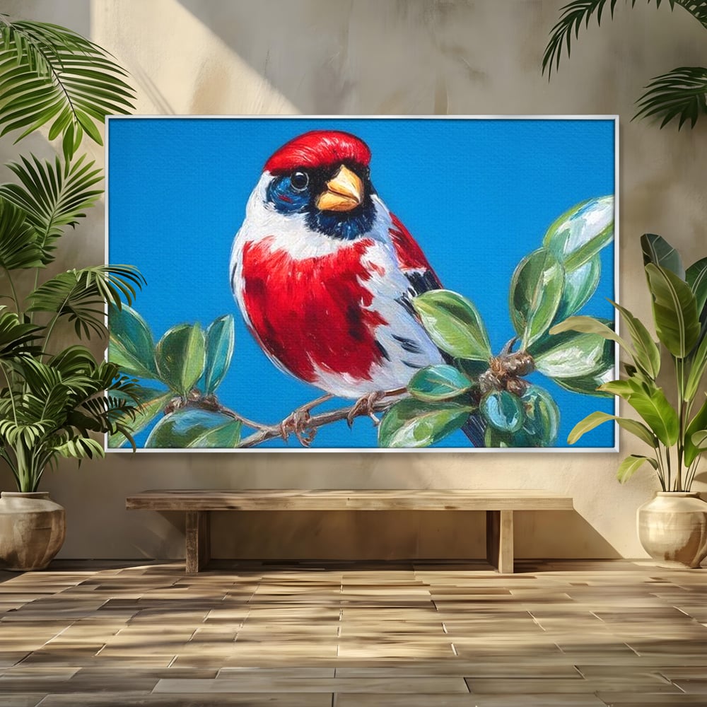 Tablou Canvas Premium, LuxCanva® M1118, Solistul de Rubin, Cardinal, Rosu, Ramura, Muguri, Frunze, Pasare, Natura, Contrast, Pictura, Cer, Birou, Living, Camera Copil