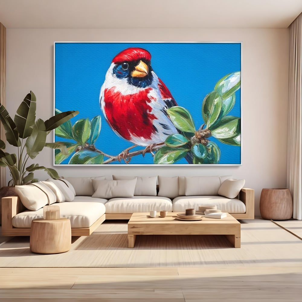 Tablou Canvas Premium, LuxCanva® M1118, Solistul de Rubin, Cardinal, Rosu, Ramura, Muguri, Frunze, Pasare, Natura, Contrast, Pictura, Cer, Birou, Living, Camera Copil