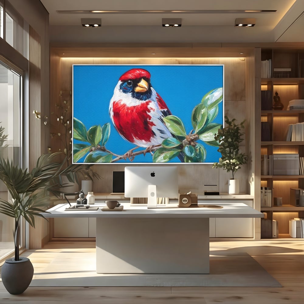 Tablou Canvas Premium, LuxCanva® M1118, Solistul de Rubin, Cardinal, Rosu, Ramura, Muguri, Frunze, Pasare, Natura, Contrast, Pictura, Cer, Birou, Living, Camera Copil