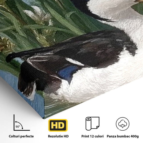 Leinwand Premium Canvas Wall Art, LuxCanva® M1119, Iris Kranz, Ente, Iris, Vogel, Blumen, See, Wasser, Violett, Frühling, Natur, Malerei, Aquarell, Blätter, Büro, Wohnen, Kinderzimmer