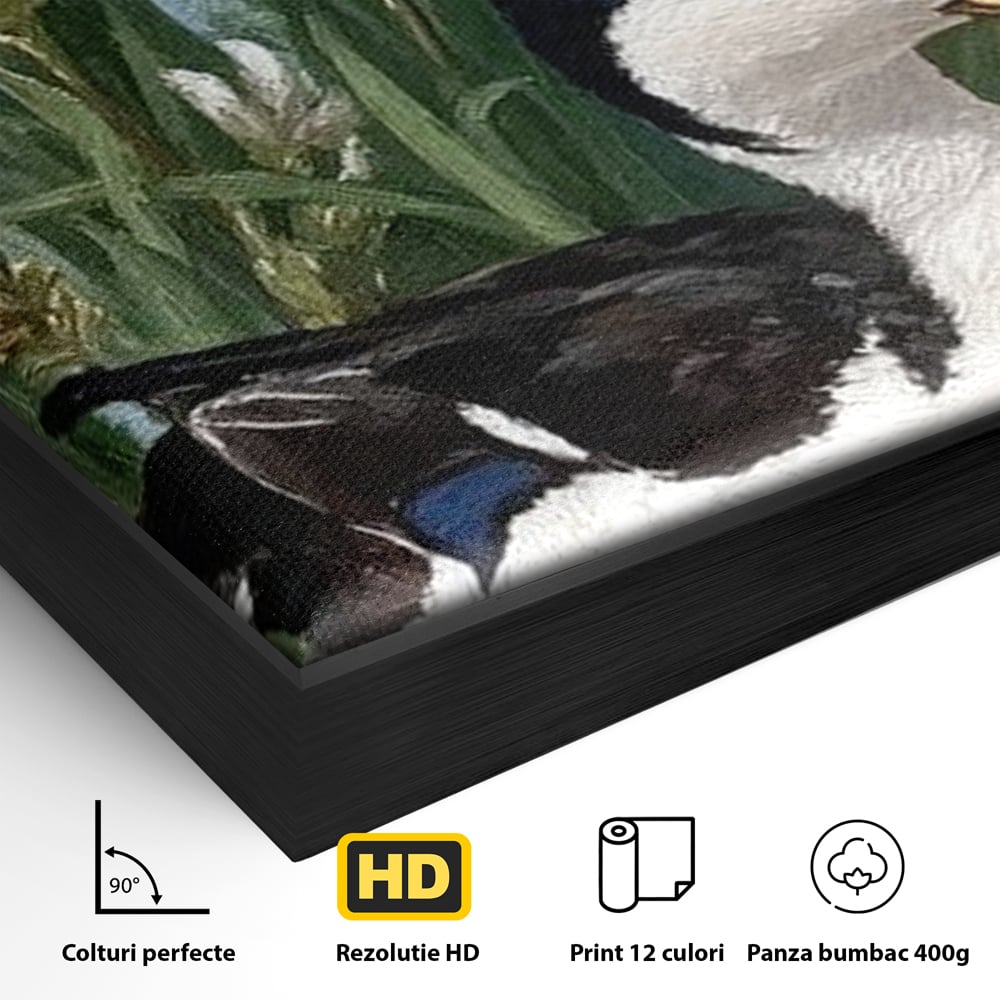 Leinwand Premium Canvas Wall Art, LuxCanva® M1119, Iris Kranz, Ente, Iris, Vogel, Blumen, See, Wasser, Violett, Frühling, Natur, Malerei, Aquarell, Blätter, Büro, Wohnen, Kinderzimmer