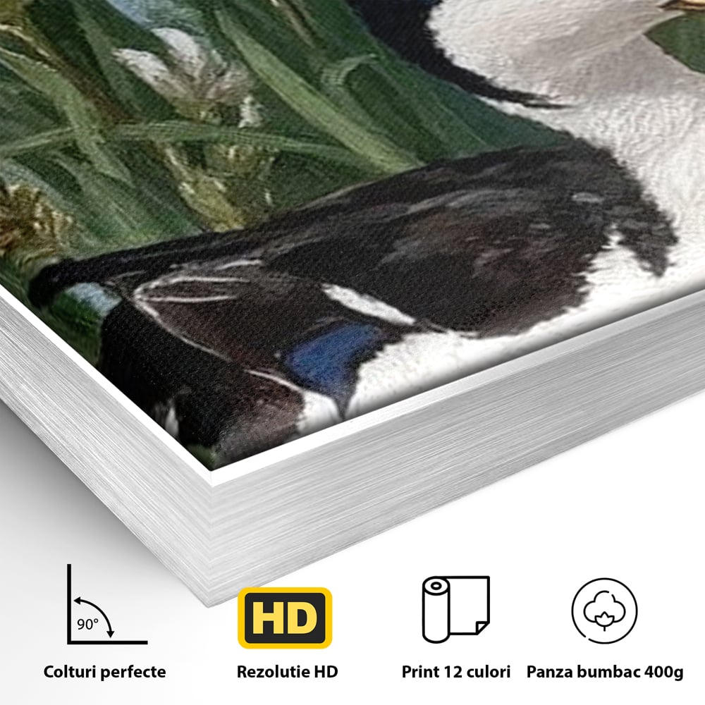 Leinwand Premium Canvas Wall Art, LuxCanva® M1119, Iris Kranz, Ente, Iris, Vogel, Blumen, See, Wasser, Violett, Frühling, Natur, Malerei, Aquarell, Blätter, Büro, Wohnen, Kinderzimmer