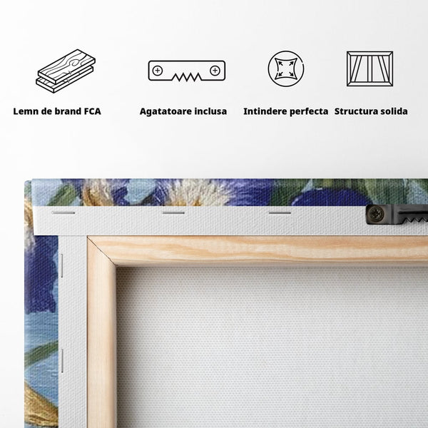 Leinwand Premium Canvas Wall Art, LuxCanva® M1119, Iris Kranz, Ente, Iris, Vogel, Blumen, See, Wasser, Violett, Frühling, Natur, Malerei, Aquarell, Blätter, Büro, Wohnen, Kinderzimmer