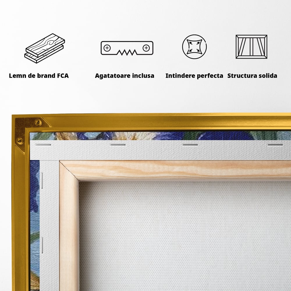 Leinwand Premium Canvas Wall Art, LuxCanva® M1119, Iris Kranz, Ente, Iris, Vogel, Blumen, See, Wasser, Violett, Frühling, Natur, Malerei, Aquarell, Blätter, Büro, Wohnen, Kinderzimmer
