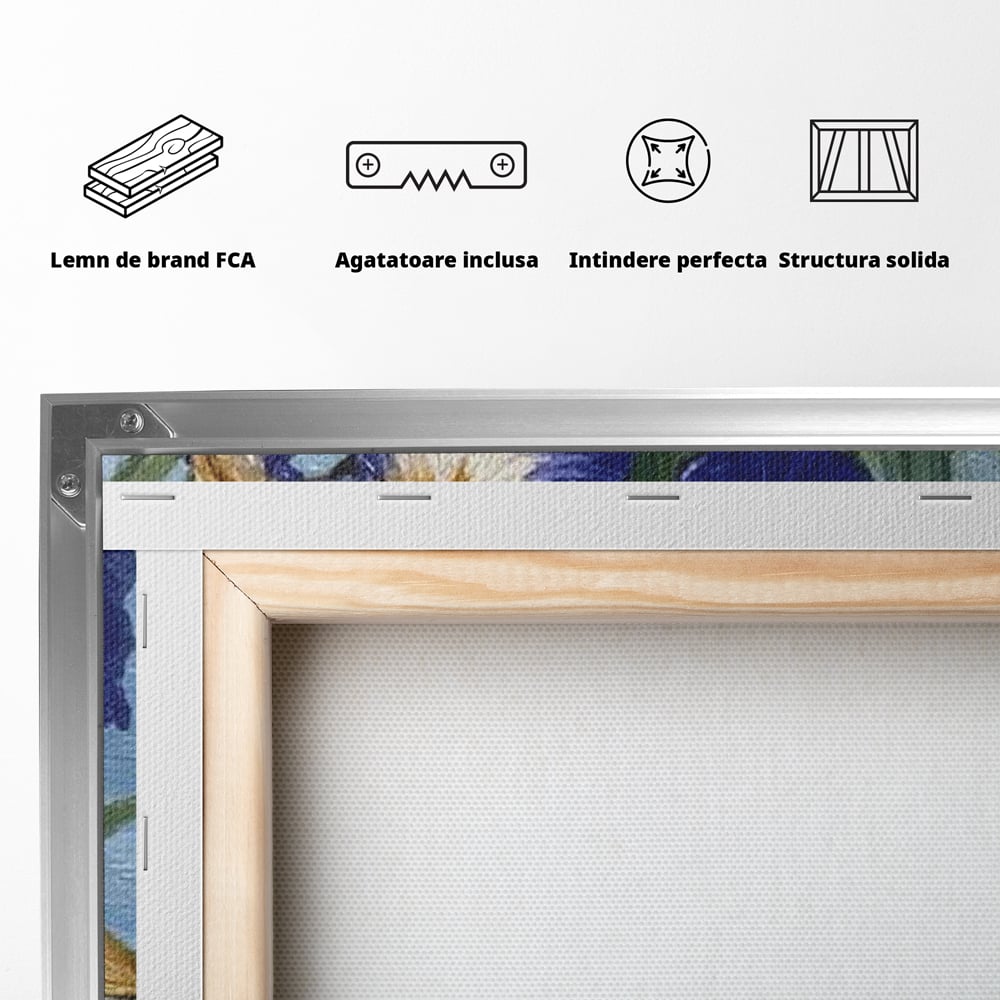 Leinwand Premium Canvas Wall Art, LuxCanva® M1119, Iris Kranz, Ente, Iris, Vogel, Blumen, See, Wasser, Violett, Frühling, Natur, Malerei, Aquarell, Blätter, Büro, Wohnen, Kinderzimmer