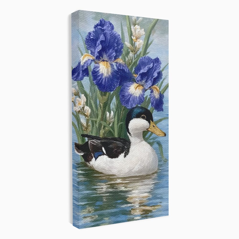 Leinwand Premium Canvas Wall Art, LuxCanva® M1119, Iris Kranz, Ente, Iris, Vogel, Blumen, See, Wasser, Violett, Frühling, Natur, Malerei, Aquarell, Blätter, Büro, Wohnen, Kinderzimmer
