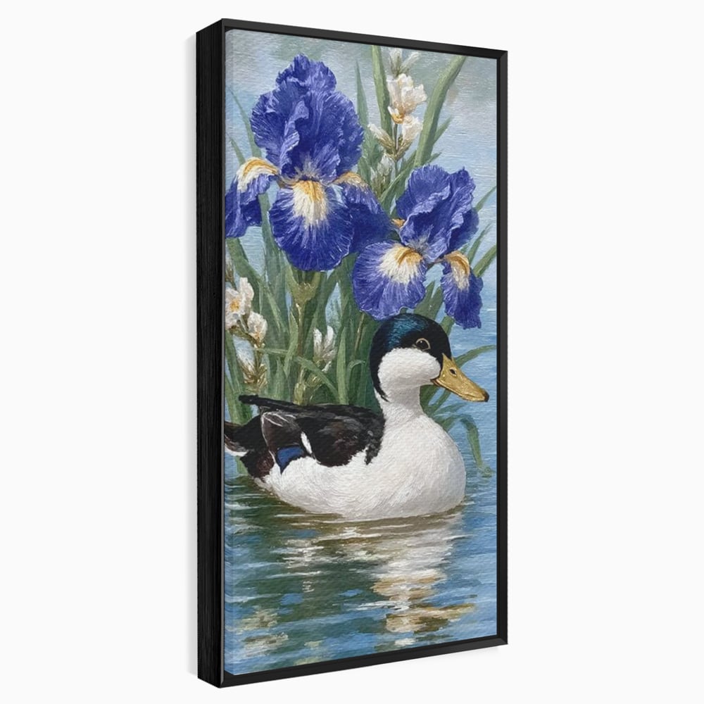 Leinwand Premium Canvas Wall Art, LuxCanva® M1119, Iris Kranz, Ente, Iris, Vogel, Blumen, See, Wasser, Violett, Frühling, Natur, Malerei, Aquarell, Blätter, Büro, Wohnen, Kinderzimmer