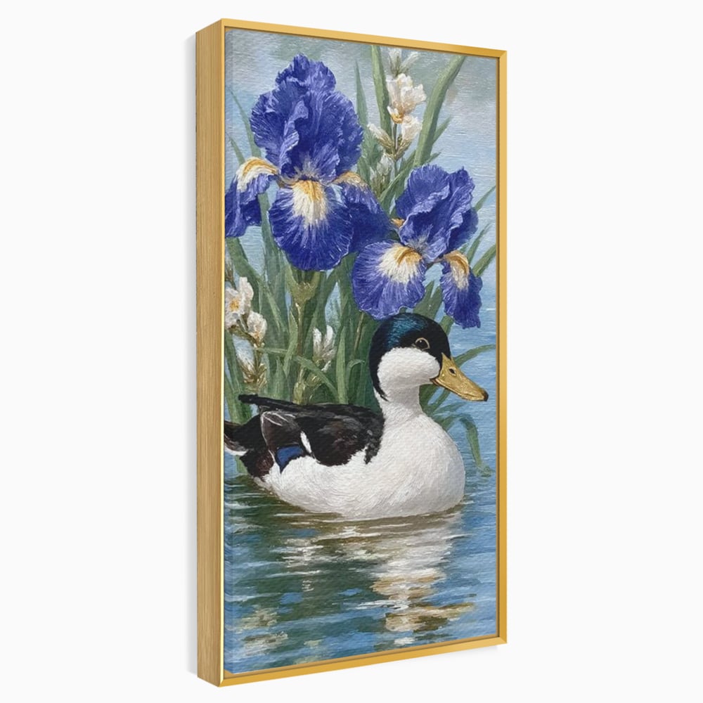 Leinwand Premium Canvas Wall Art, LuxCanva® M1119, Iris Kranz, Ente, Iris, Vogel, Blumen, See, Wasser, Violett, Frühling, Natur, Malerei, Aquarell, Blätter, Büro, Wohnen, Kinderzimmer