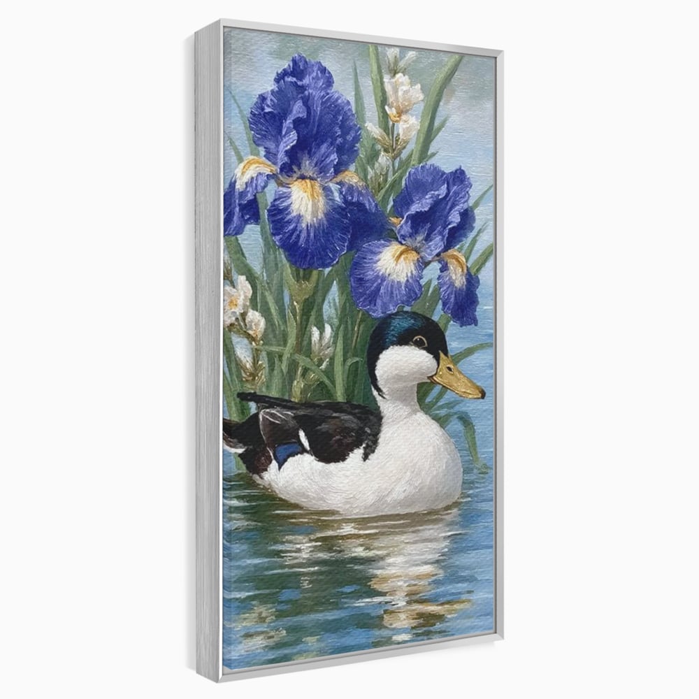 Leinwand Premium Canvas Wall Art, LuxCanva® M1119, Iris Kranz, Ente, Iris, Vogel, Blumen, See, Wasser, Violett, Frühling, Natur, Malerei, Aquarell, Blätter, Büro, Wohnen, Kinderzimmer