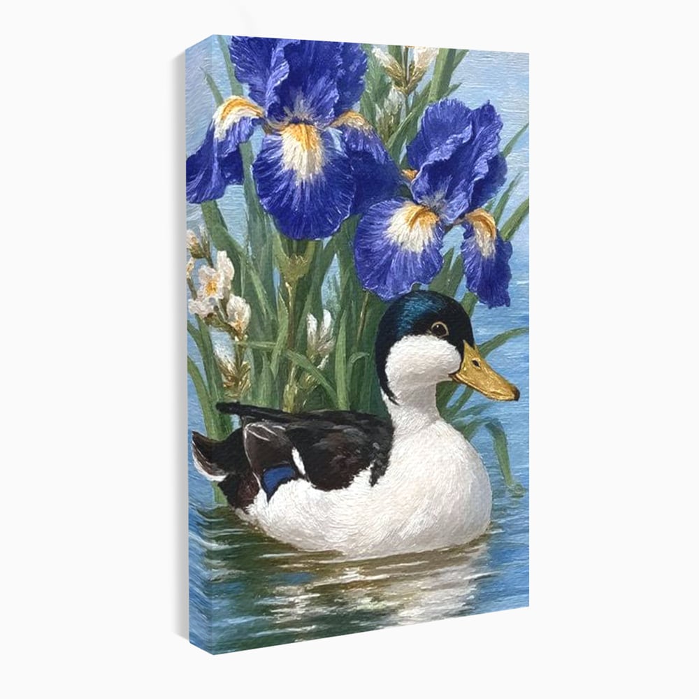 Leinwand Premium Canvas Wall Art, LuxCanva® M1119, Iris Kranz, Ente, Iris, Vogel, Blumen, See, Wasser, Violett, Frühling, Natur, Malerei, Aquarell, Blätter, Büro, Wohnen, Kinderzimmer