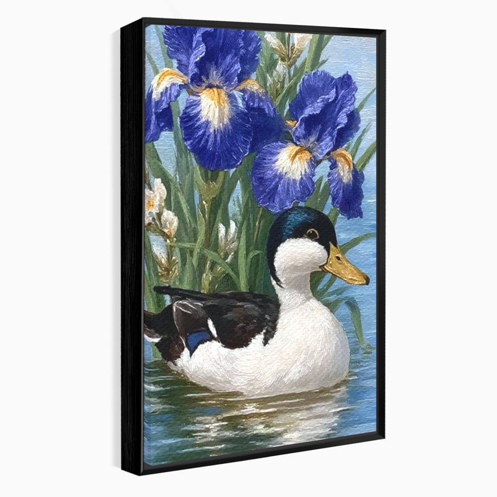 Leinwand Premium Canvas Wall Art, LuxCanva® M1119, Iris Kranz, Ente, Iris, Vogel, Blumen, See, Wasser, Violett, Frühling, Natur, Malerei, Aquarell, Blätter, Büro, Wohnen, Kinderzimmer
