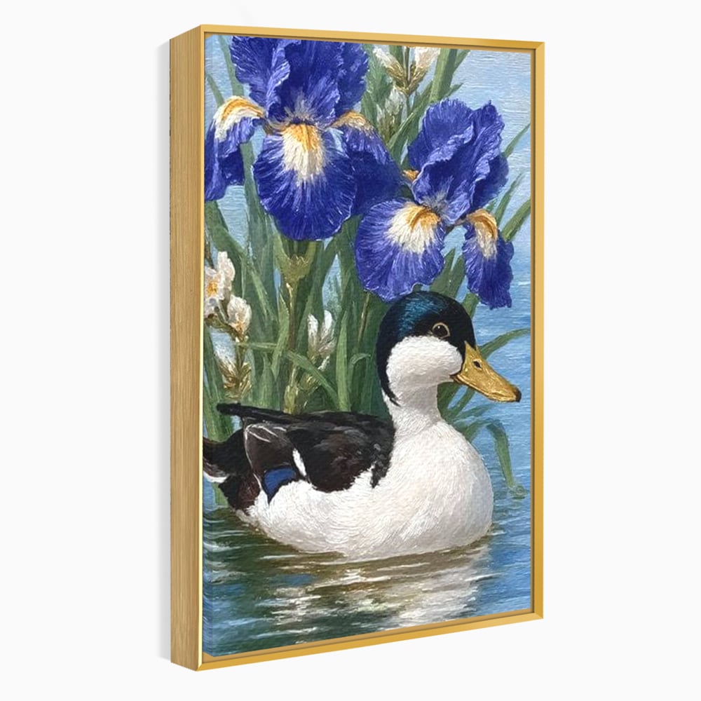 Leinwand Premium Canvas Wall Art, LuxCanva® M1119, Iris Kranz, Ente, Iris, Vogel, Blumen, See, Wasser, Violett, Frühling, Natur, Malerei, Aquarell, Blätter, Büro, Wohnen, Kinderzimmer
