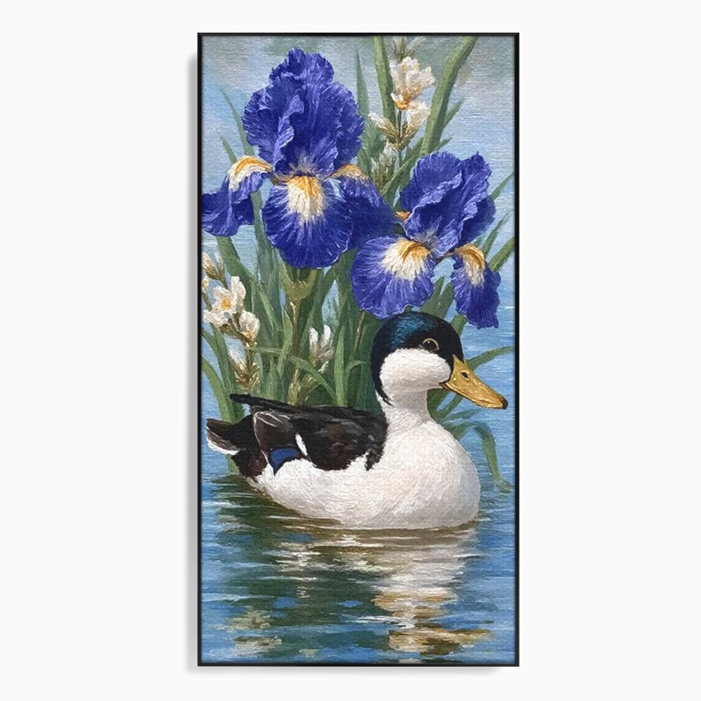 Leinwand Premium Canvas Wall Art, LuxCanva® M1119, Iris Kranz, Ente, Iris, Vogel, Blumen, See, Wasser, Violett, Frühling, Natur, Malerei, Aquarell, Blätter, Büro, Wohnen, Kinderzimmer