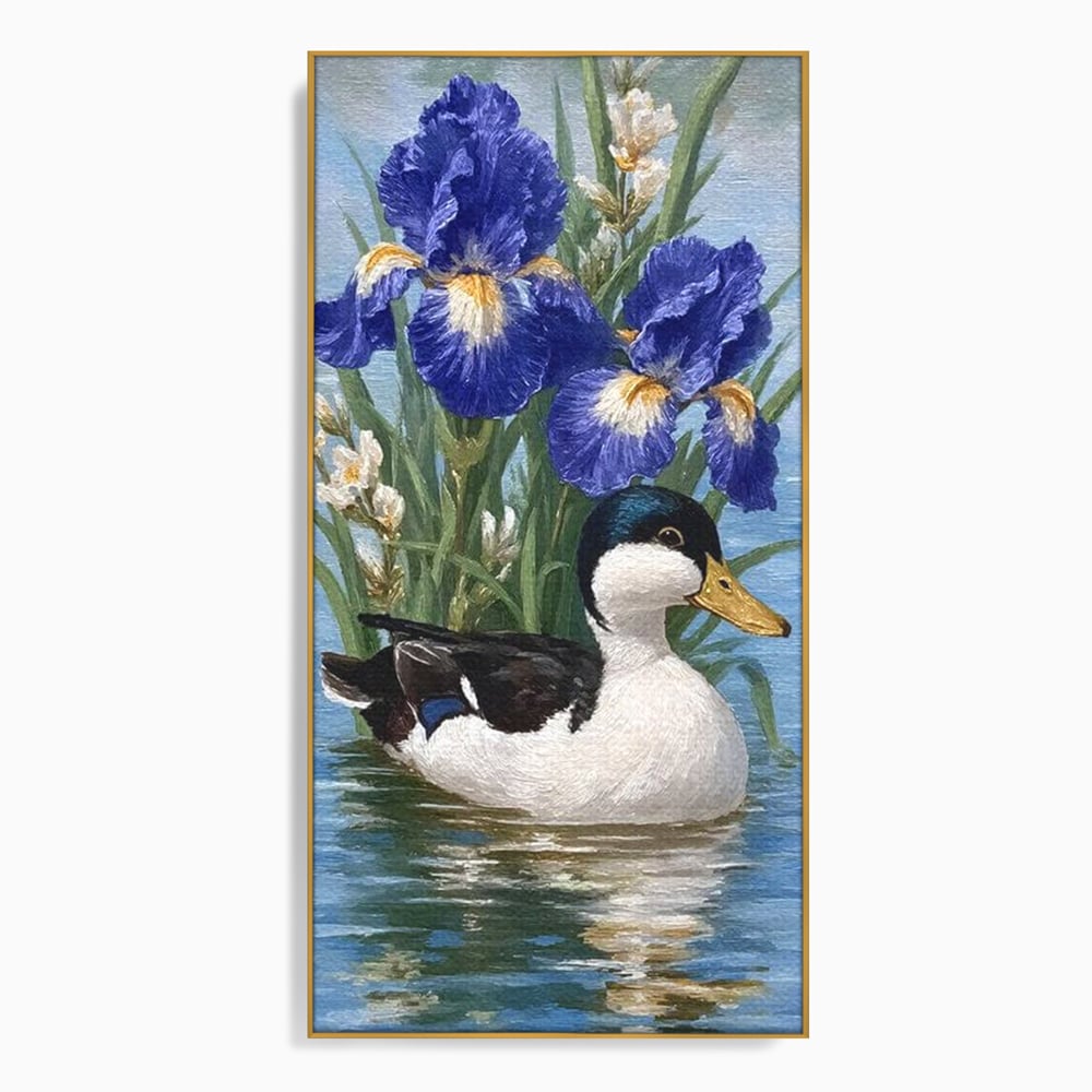 Leinwand Premium Canvas Wall Art, LuxCanva® M1119, Iris Kranz, Ente, Iris, Vogel, Blumen, See, Wasser, Violett, Frühling, Natur, Malerei, Aquarell, Blätter, Büro, Wohnen, Kinderzimmer