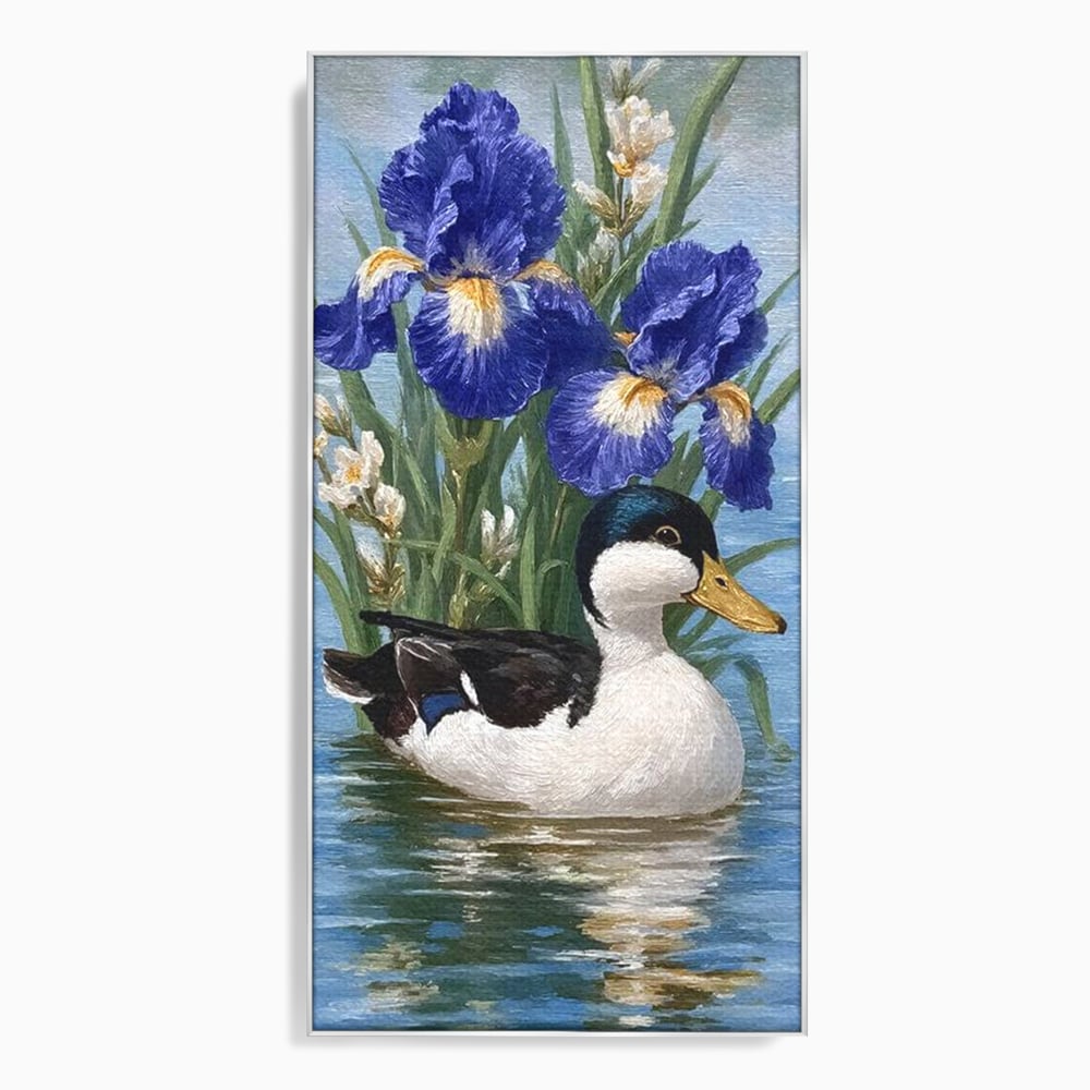 Leinwand Premium Canvas Wall Art, LuxCanva® M1119, Iris Kranz, Ente, Iris, Vogel, Blumen, See, Wasser, Violett, Frühling, Natur, Malerei, Aquarell, Blätter, Büro, Wohnen, Kinderzimmer
