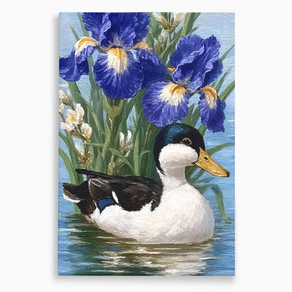Leinwand Premium Canvas Wall Art, LuxCanva® M1119, Iris Kranz, Ente, Iris, Vogel, Blumen, See, Wasser, Violett, Frühling, Natur, Malerei, Aquarell, Blätter, Büro, Wohnen, Kinderzimmer