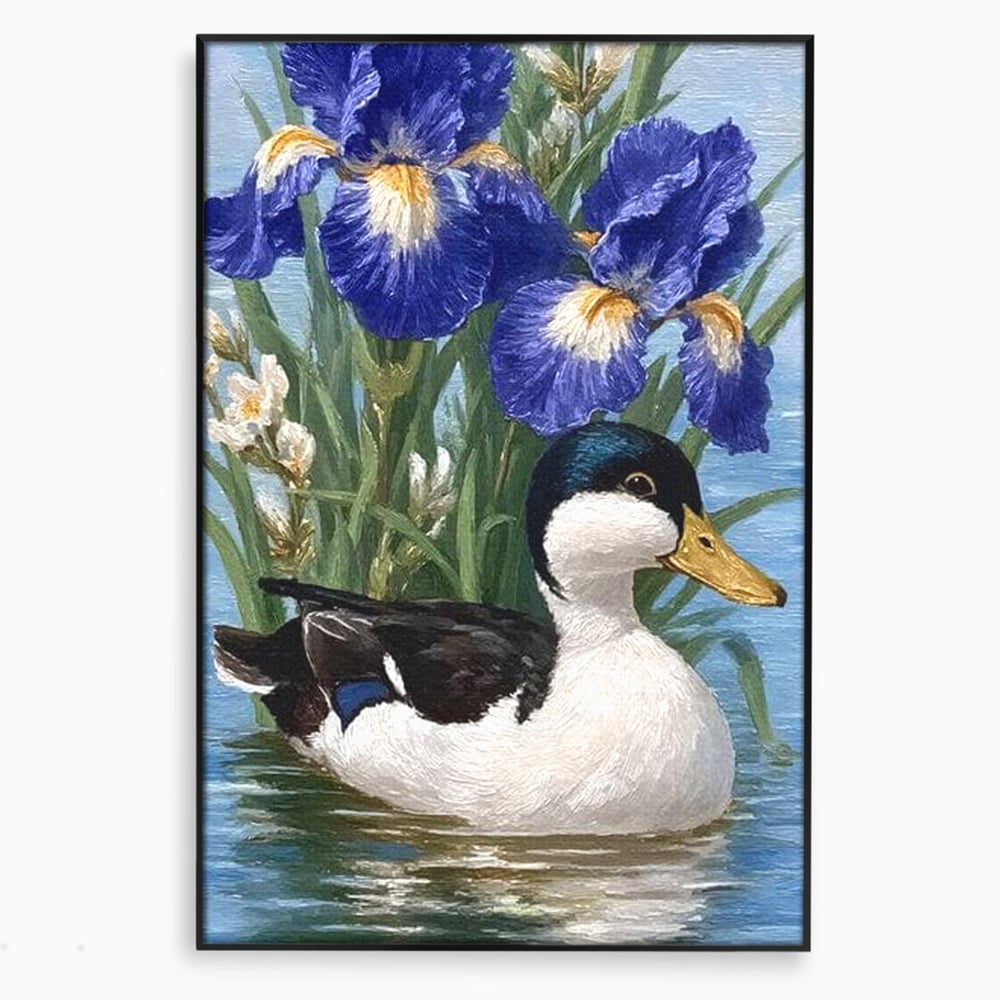 Leinwand Premium Canvas Wall Art, LuxCanva® M1119, Iris Kranz, Ente, Iris, Vogel, Blumen, See, Wasser, Violett, Frühling, Natur, Malerei, Aquarell, Blätter, Büro, Wohnen, Kinderzimmer