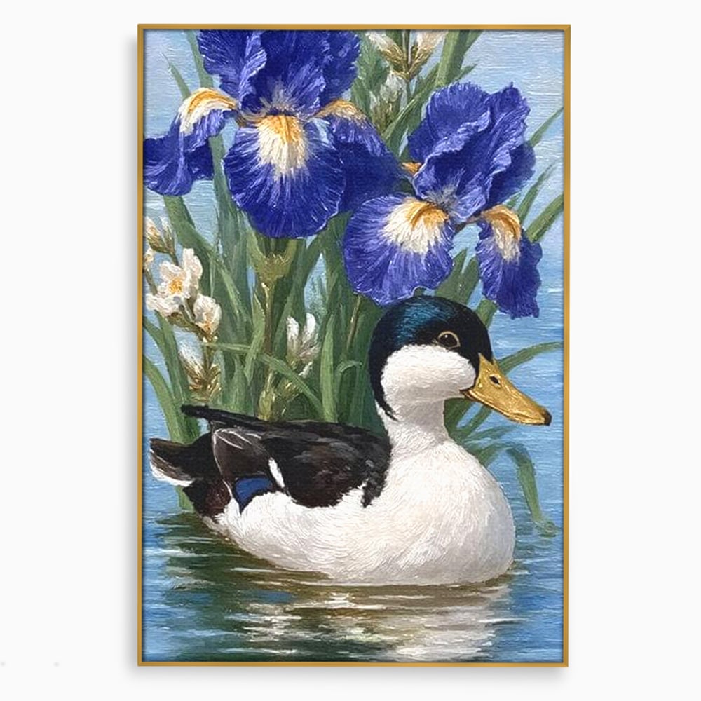 Leinwand Premium Canvas Wall Art, LuxCanva® M1119, Iris Kranz, Ente, Iris, Vogel, Blumen, See, Wasser, Violett, Frühling, Natur, Malerei, Aquarell, Blätter, Büro, Wohnen, Kinderzimmer