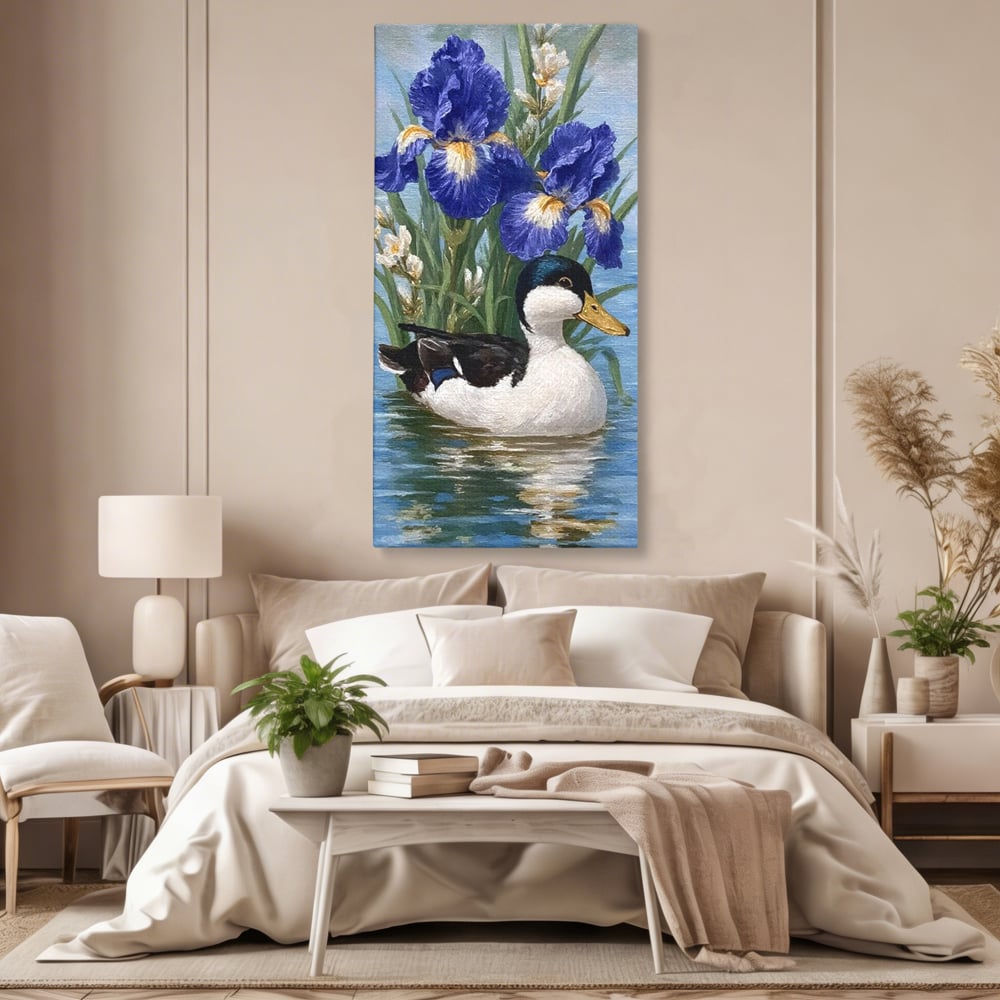 Leinwand Premium Canvas Wall Art, LuxCanva® M1119, Iris Kranz, Ente, Iris, Vogel, Blumen, See, Wasser, Violett, Frühling, Natur, Malerei, Aquarell, Blätter, Büro, Wohnen, Kinderzimmer