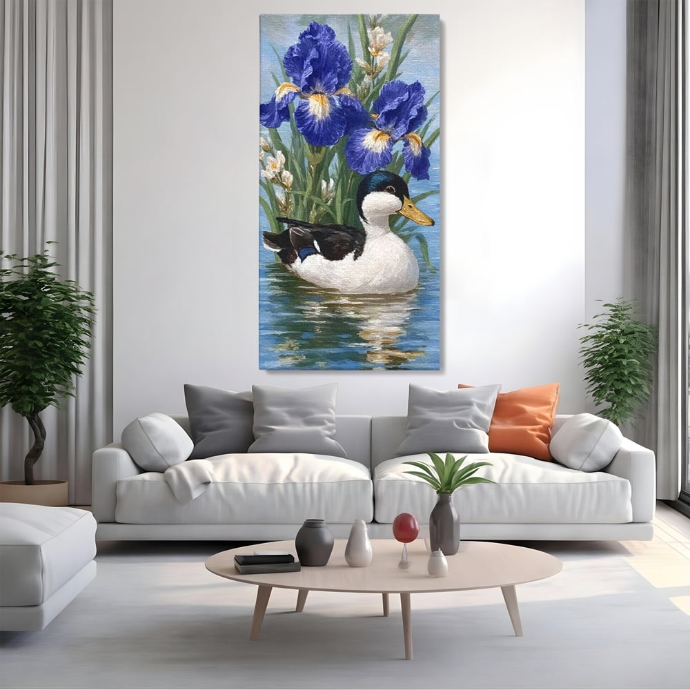 Leinwand Premium Canvas Wall Art, LuxCanva® M1119, Iris Kranz, Ente, Iris, Vogel, Blumen, See, Wasser, Violett, Frühling, Natur, Malerei, Aquarell, Blätter, Büro, Wohnen, Kinderzimmer