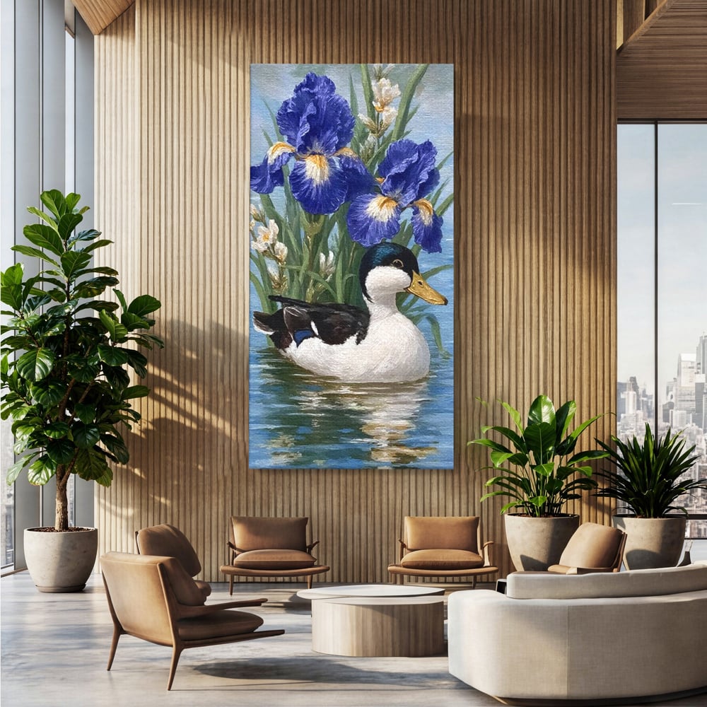 Leinwand Premium Canvas Wall Art, LuxCanva® M1119, Iris Kranz, Ente, Iris, Vogel, Blumen, See, Wasser, Violett, Frühling, Natur, Malerei, Aquarell, Blätter, Büro, Wohnen, Kinderzimmer