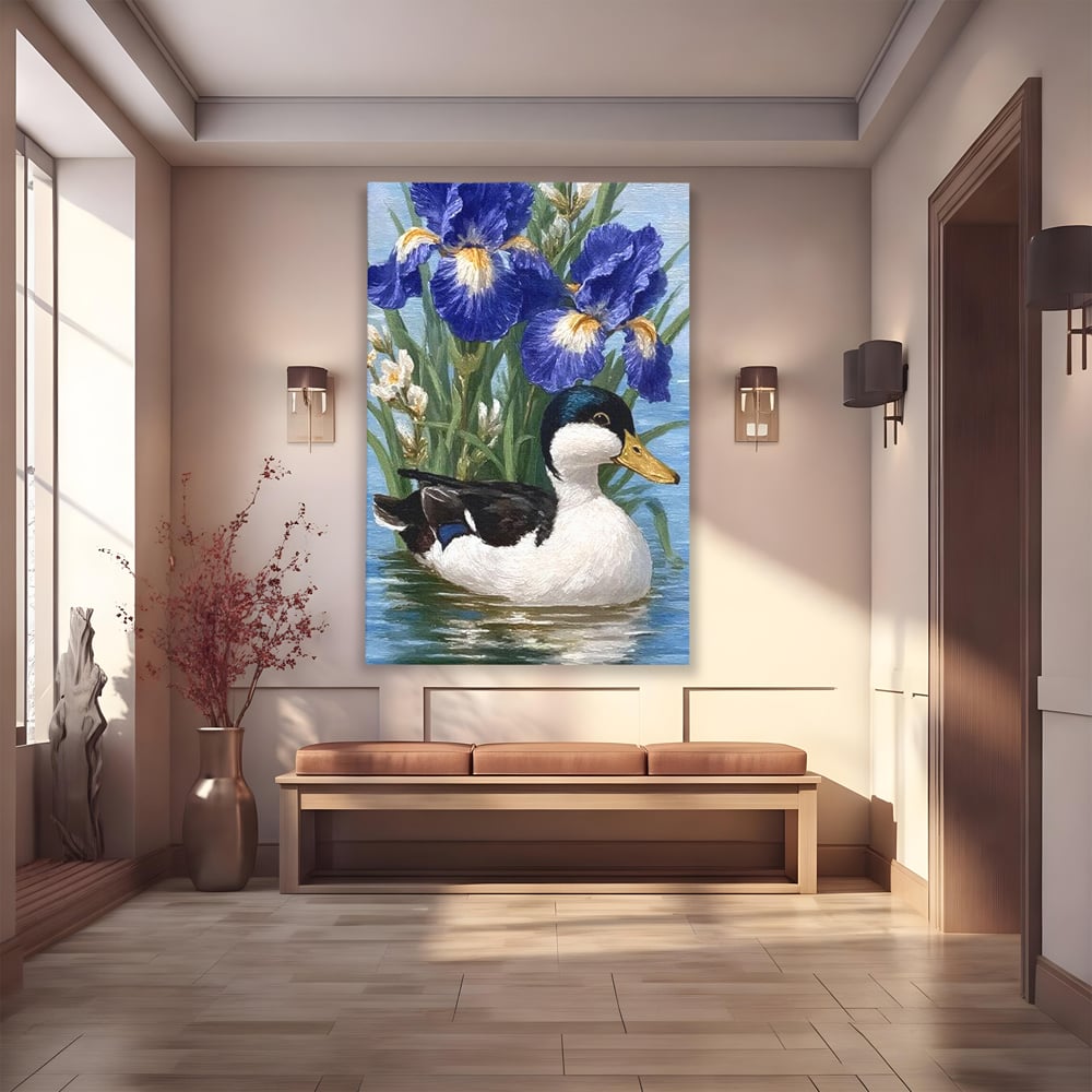 Leinwand Premium Canvas Wall Art, LuxCanva® M1119, Iris Kranz, Ente, Iris, Vogel, Blumen, See, Wasser, Violett, Frühling, Natur, Malerei, Aquarell, Blätter, Büro, Wohnen, Kinderzimmer