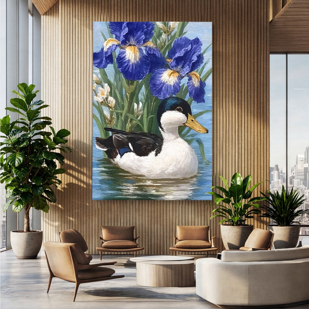Leinwand Premium Canvas Wall Art, LuxCanva® M1119, Iris Kranz, Ente, Iris, Vogel, Blumen, See, Wasser, Violett, Frühling, Natur, Malerei, Aquarell, Blätter, Büro, Wohnen, Kinderzimmer