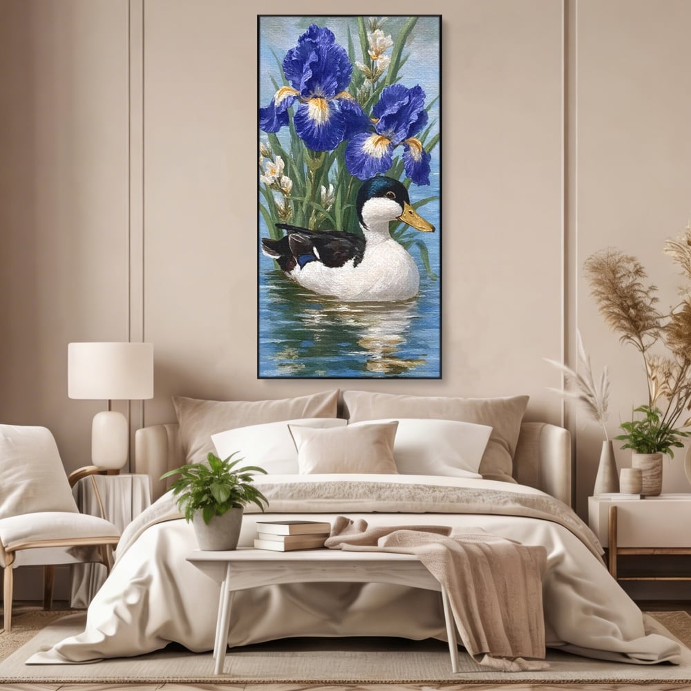 Leinwand Premium Canvas Wall Art, LuxCanva® M1119, Iris Kranz, Ente, Iris, Vogel, Blumen, See, Wasser, Violett, Frühling, Natur, Malerei, Aquarell, Blätter, Büro, Wohnen, Kinderzimmer