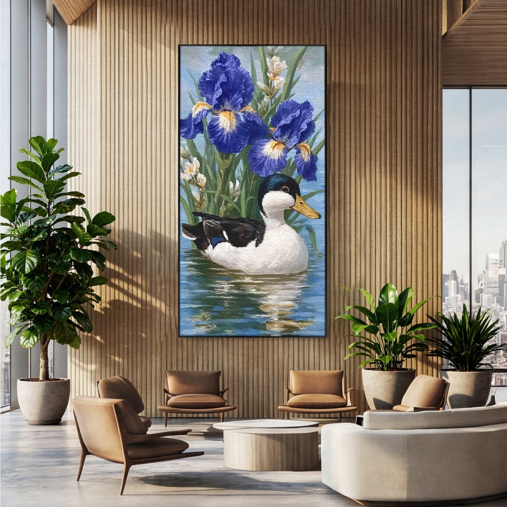 Leinwand Premium Canvas Wall Art, LuxCanva® M1119, Iris Kranz, Ente, Iris, Vogel, Blumen, See, Wasser, Violett, Frühling, Natur, Malerei, Aquarell, Blätter, Büro, Wohnen, Kinderzimmer